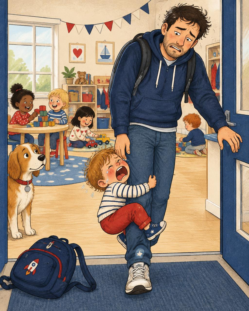 Cartoon of a little boy clinging to his dad's leg at drop-off — the shyness Wolf Pups helps outgrow in Henderson