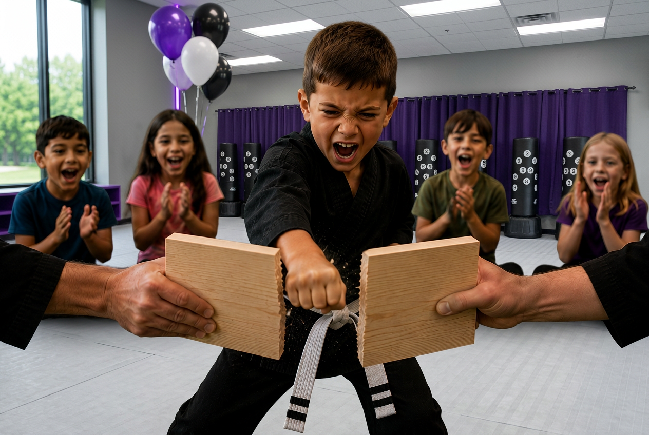 Birthday boy breaking a wooden board at a party at CORE Fitness & Martial Arts in Henderson