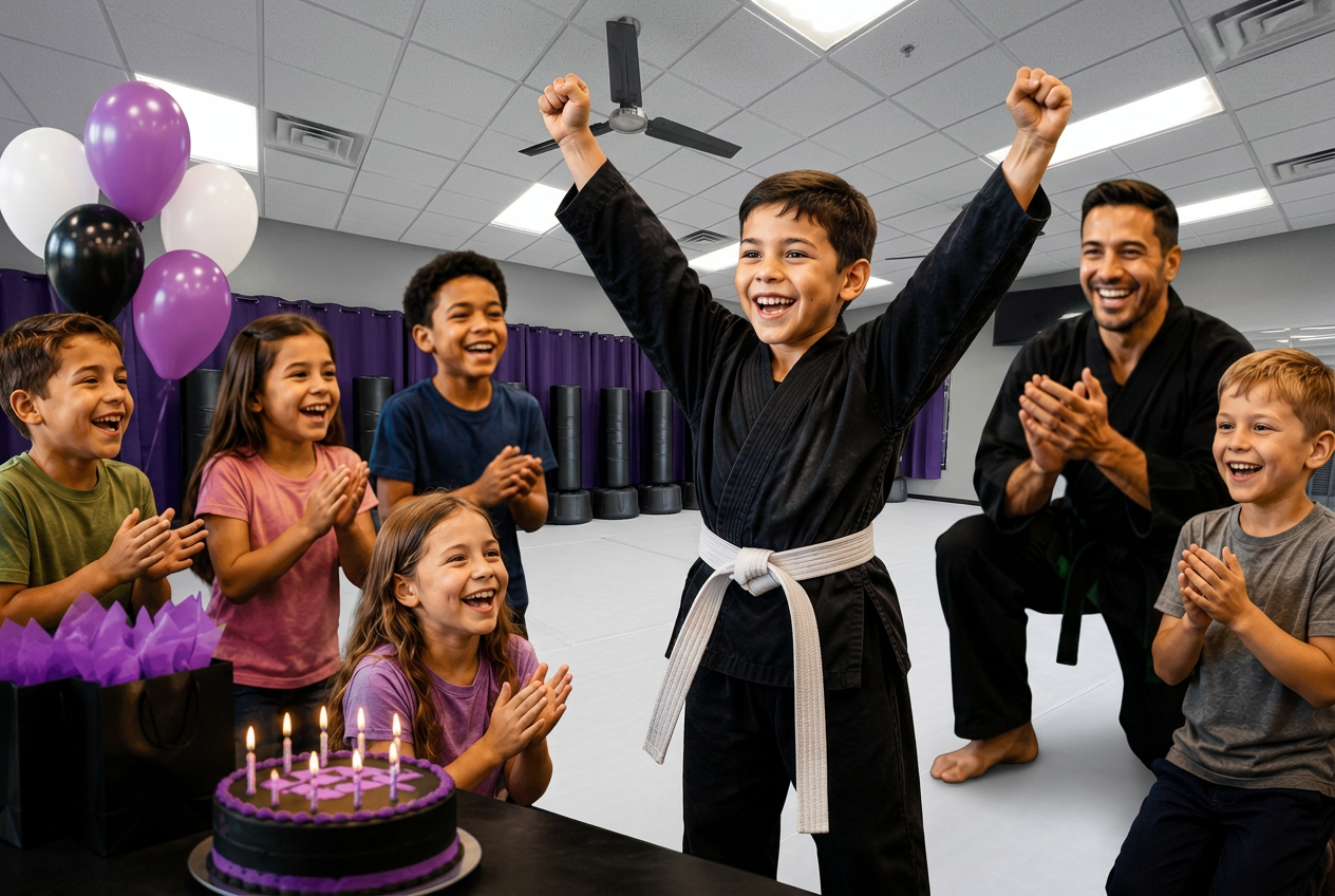 Birthday child celebrating with friends and a coach at CORE Fitness & Martial Arts in Henderson