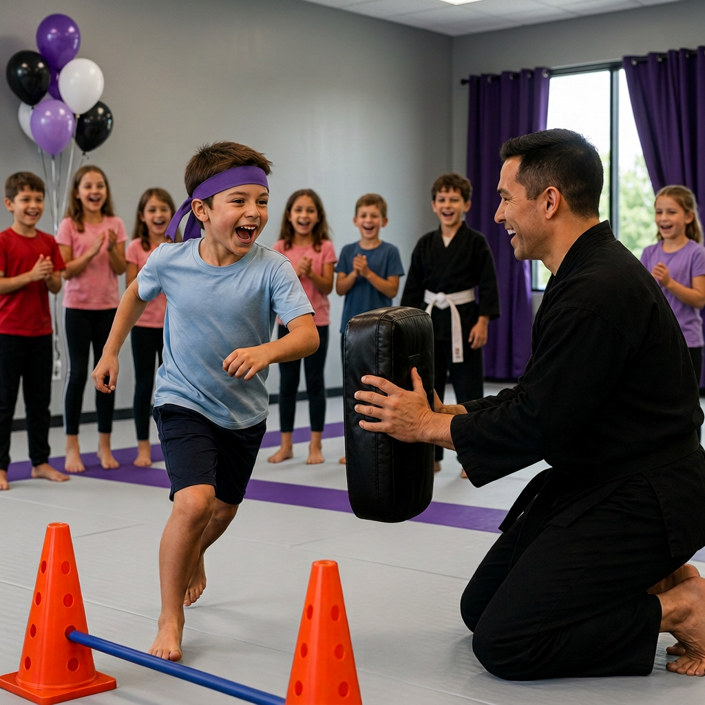 Child racing through a ninja obstacle course at a birthday party at CORE Fitness & Martial Arts in Henderson