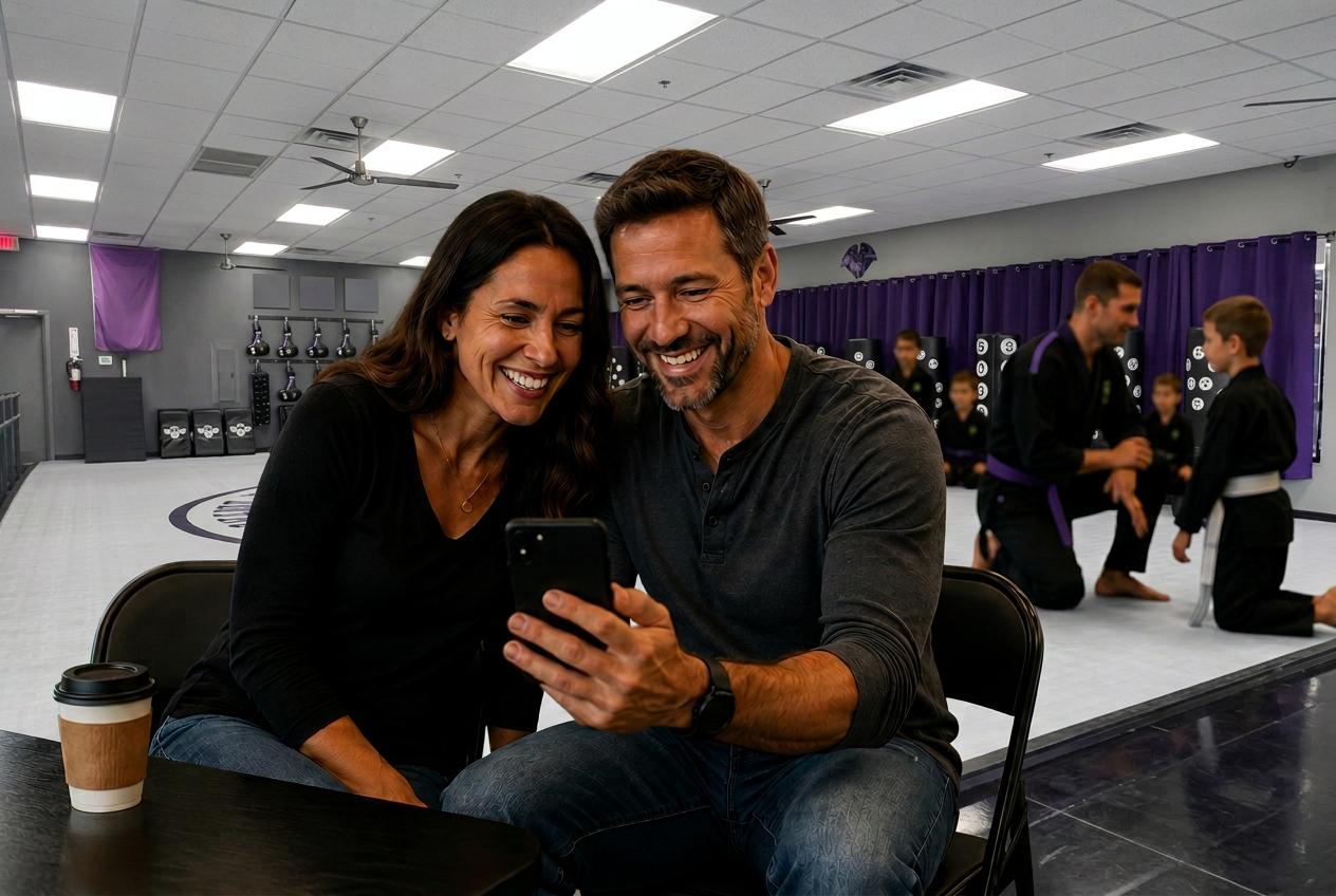 Parents smiling at photos on their phone during a birthday party at CORE Fitness & Martial Arts in Henderson