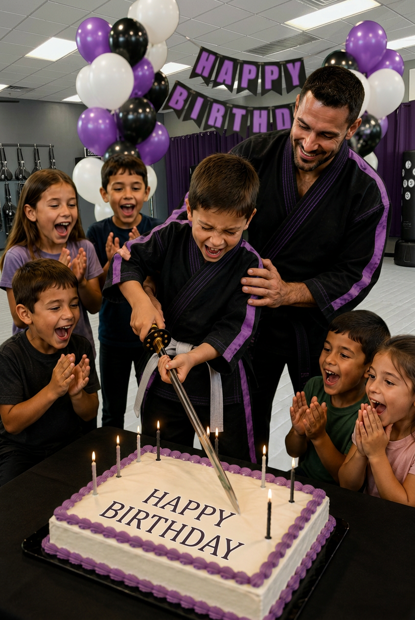 Birthday child cutting a cake with a ceremonial sword at CORE Fitness & Martial Arts in Henderson