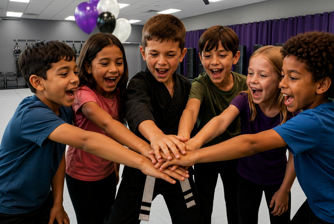 Party guests in a team huddle at CORE Fitness & Martial Arts in Henderson