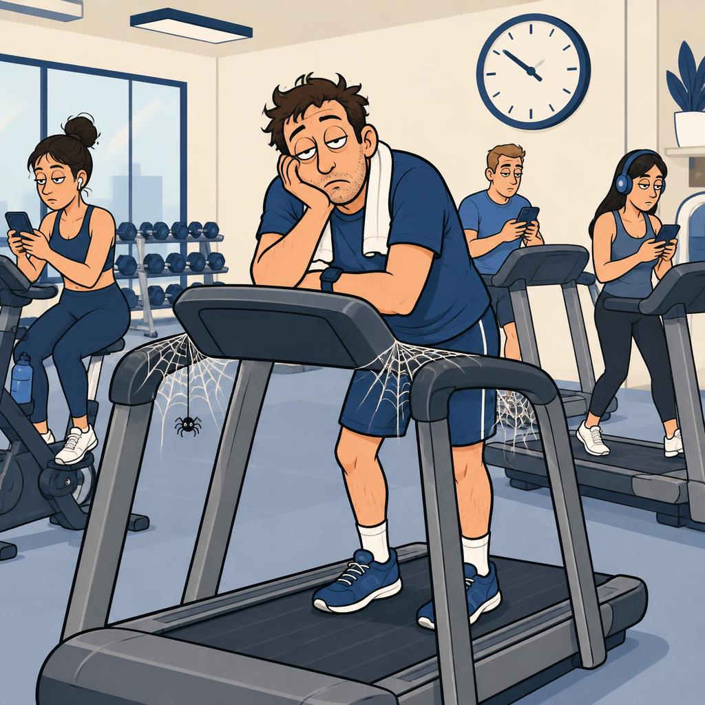 Cartoon of a bored man leaning on a treadmill at a gym — the routine Warrior classes replace in Henderson