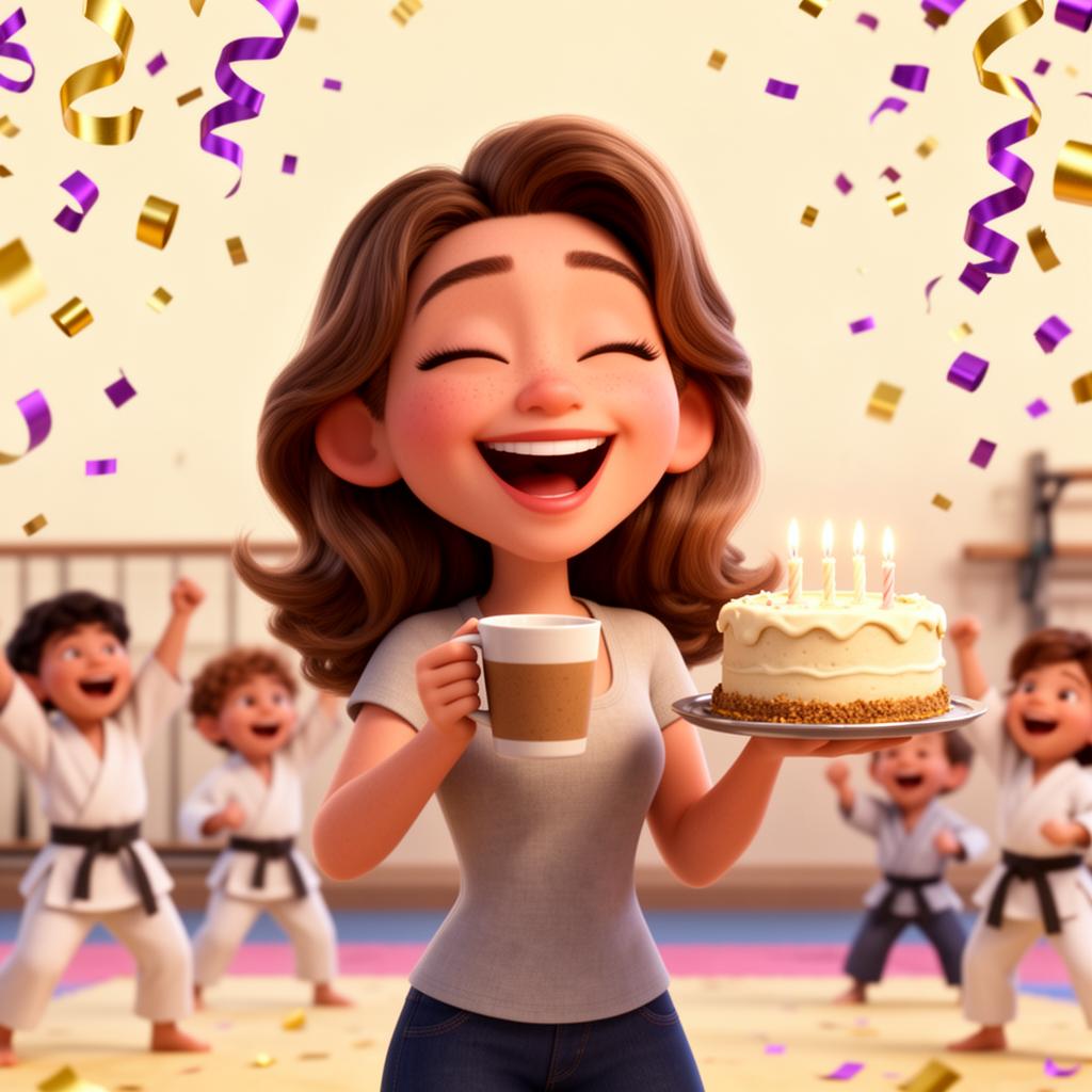 Cartoon of a happy mom holding coffee and a birthday cake