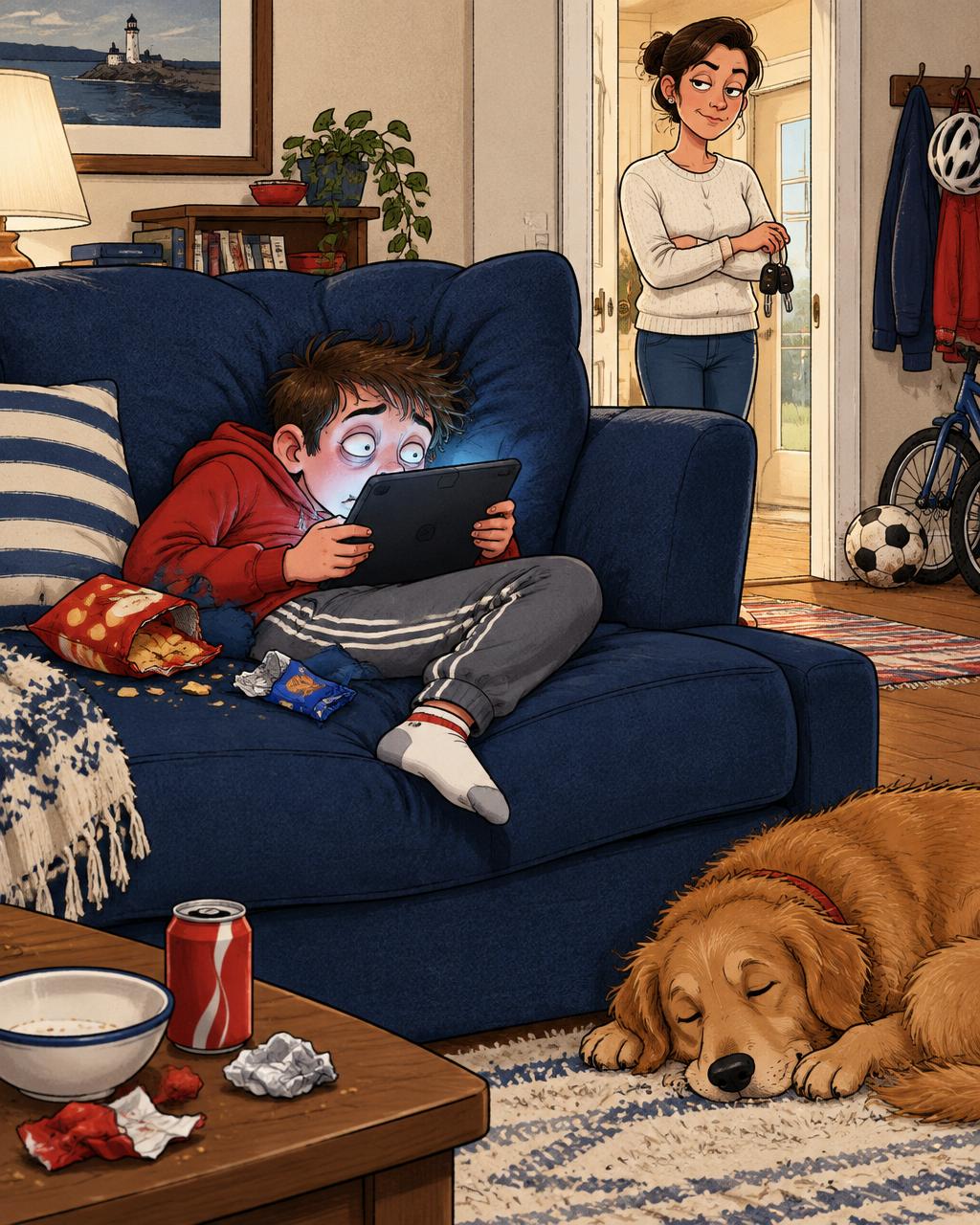 Cartoon of a boy glued to a tablet on the couch while mom waits by the door — the evening routine the Family Program replaces in Henderson