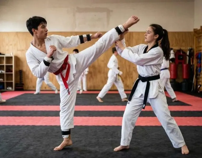 Two focused martial arts students practicing a high kick drill with target pads, demonstrating partner-based Taekwondo basics for beginners.